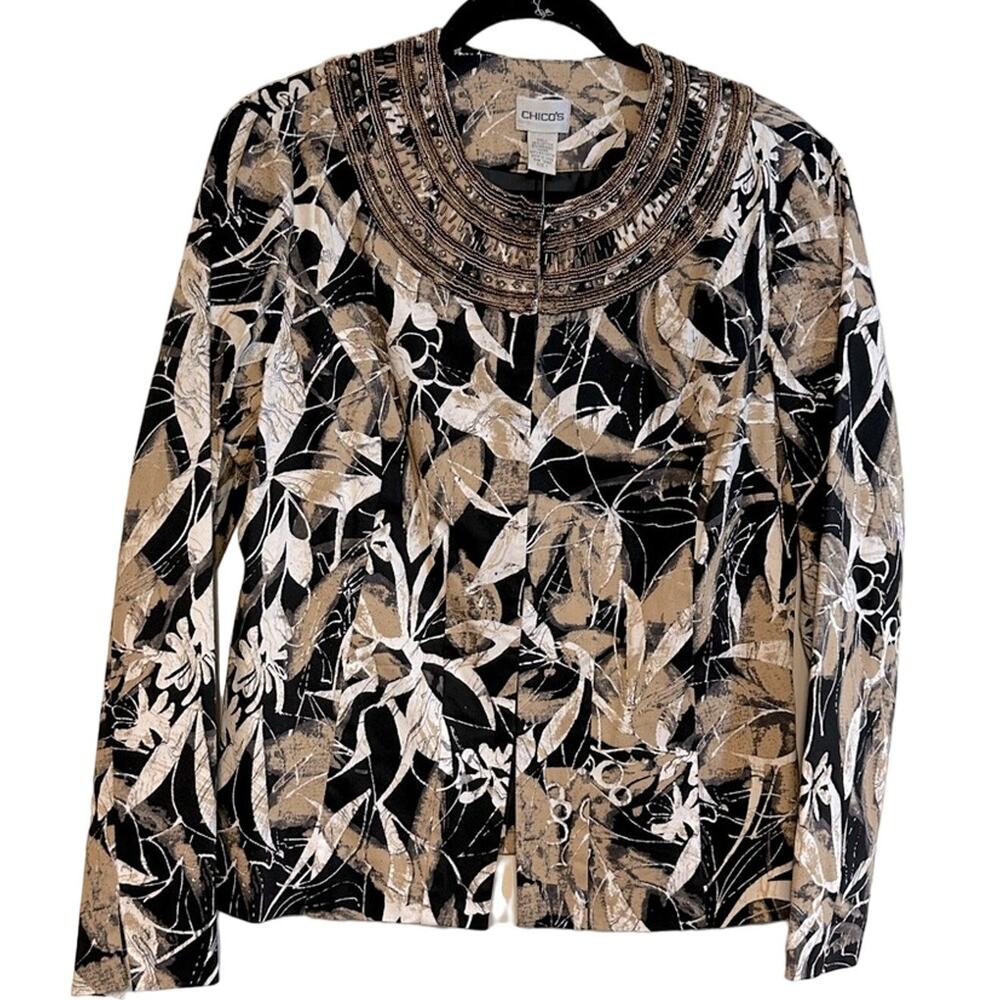 Chico's Blazer Women Small Tan Black NWT‎ Floral Beaded Rhinestone Art to Wear